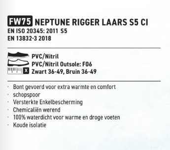 Beschrijving van de Neptune Rigger veiligheidslaars S5 CI FW75 met een link naar een uitgebreidere beschrijving.