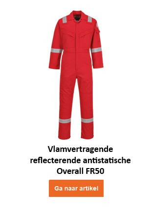 Een rode vlamvertragende en antistatische beschermende overall met zilveren reflecterende strepen op de armen, benen en schouders. De vlamvertragende, antistatische overall Bizflame 350g FR50 heeft twee borstzakken en sluit met een ritssluiting. De naam van het kledingstuk staat eronder en een oranje knop/klik op de afbeelding leidt naar het artikel.