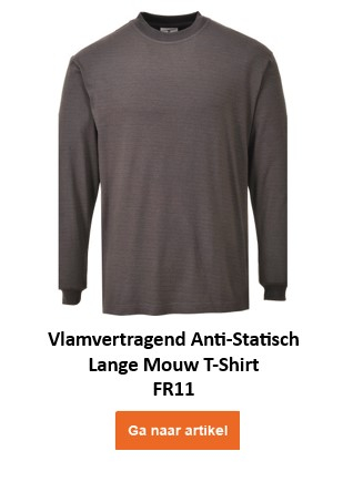 Een grijs, vlamvertragend en antistatisch shirt met lange mouwen. Het FR11 vlamvertragende, antistatische T-shirt met lange mouwen heeft een ronde hals en lange mouwen, zonder zichtbare zakken of versieringen. Het is eenvoudig en biedt bescherming tegen hitte en statische elektriciteit. De naam van het kledingstuk staat eronder en een oranje knop/klik op de afbeelding leidt naar het artikel.