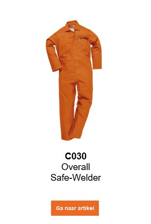 Afbeelding van de vlamvertragende overall CE Safe-Welder™ C030 in oranje met een link die naar de artikelpagina leidt.