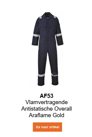 Afbeelding van de vlamvertragende, antistatische overall Araflame Gold AF53 in blauw met een link die naar de artikelpagina leidt.