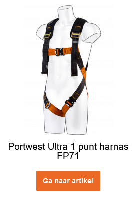 Portwest Ultra 1-puntsgordel FP71 in oranje-zwart met een link naar het artikel.