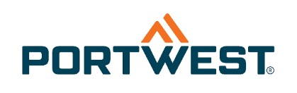 Logo van de fabrikant Portwest met donkerblauwe letters en daarboven een oranje dubbele driehoek.