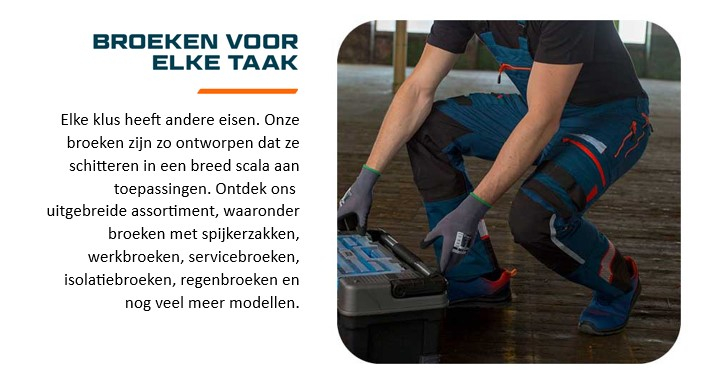 Romp en benen van een werknemer gekleed in blauwe werkkleding die iets uit een gereedschapskist haalt. Er is een link die naar onze werkbroeken leidt.