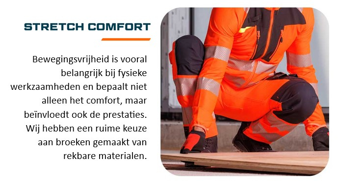 Romp en benen van een arbeider gekleed in oranje werkkleding die een plank van de grond tilt. Er is een link die leidt naar onze werkkleding met stretchgehalte.