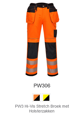 PW3 hoge zichtbaarheid stretchbroek met spijkerzakken PW306 in oranje met zwarte details en een link naar het artikel.