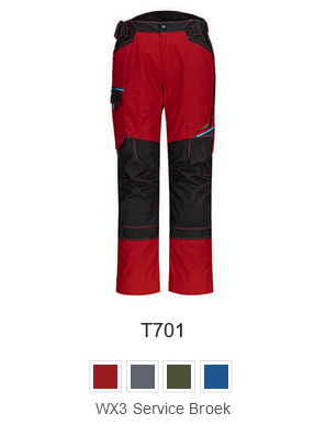 WX3 broek T701 in rood met een link die naar de artikelpagina leidt.