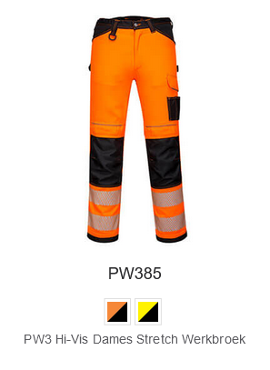 PW3 hoge zichtbaarheid stretch werkbroek voor dames PW385 in oranje met zwarte details en een link die naar de artikelpagina leidt.