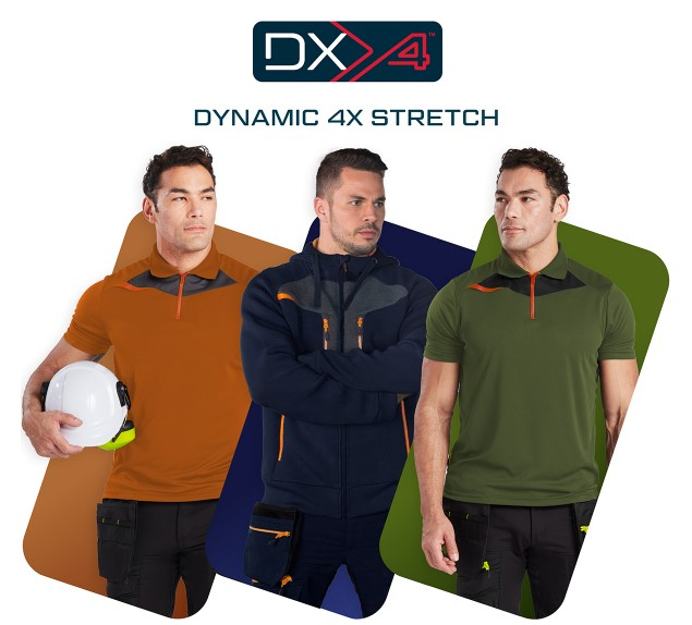 Drie mannen in werkkleding uit de DX4-collectie van Portwest voor drie kleurstalen roestrood, donkerblauw en mosgroen, die de respectievelijke kleuren van de werkkleding weerspiegelen. Boven de afbeelding staat het rood-blauw-witte logo van de DX4-collectie en de woorden "DYNAMIC DX4 STRETCH". Er is een link die naar de DX4-collectie leidt.