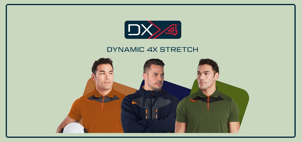 Drie mannen in werkkleding uit de DX4-collectie van Portwest voor drie kleurstalen roestrood, donkerblauw en mosgroen, die de respectievelijke kleuren van de werkkleding weerspiegelen. Boven de afbeelding staat het rood-blauw-witte logo van de DX4-collectie en de woorden "DYNAMIC DX4 STRETCH".