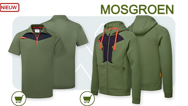 DX4 Poloshirt DX410 in mosgroen met een link die naar het artikel leidt. Rechts daarvan staat de DX4 zip-up hoodie in mosgroen met een link naar de itempagina.