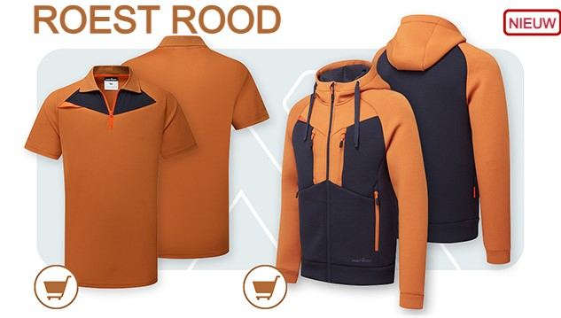 DX4 poloshirt DX410 in roestrood met een link die naar het artikel leidt. Rechts daarvan staat de DX4 hoodie met rits in roestrood met een link naar de itempagina.