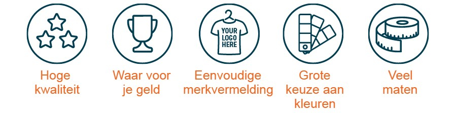 Vijf pictogrammen die verschillende eigenschappen vertegenwoordigen met bijbehorende labels eronder. Van links naar rechts: een pictogram met drie sterren met het label "Hoge kwaliteit", een trofeepictogram met het label "Waar voor uw geld", een T-shirtpictogram met het label "Easy Branding", een kleurenwaaierpictogram met het label "Grote kleurselectie" en een tape maatpictogram met het label 'Meerdere maten'.