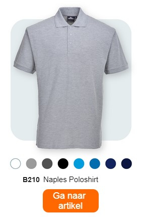 Een grijs herenpoloshirt met het opschrift "B210 heren napels poloshirt". Onder het poloshirt zijn kleine kleurstippen in grijs, lichtblauw, zwart, donkerblauw, blauw en donkerblauw te zien. Daaronder staat de tekst "B210 herenpoloshirt napels". Onderaan de afbeelding is een oranje knop geplaatst met een link naar de artikelpagina.