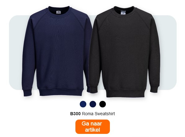 Twee sweatshirts naast elkaar, één in donkerblauw en de andere in zwart, met het opschrift "B300 Roma Sweatshirt". Hieronder bevinden zich kleine kleurstippen in donkerblauw, blauw en zwart. Onderaan de afbeelding is een oranje knop geplaatst met een link naar de artikelpagina.