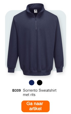 Een donkerblauw sweatshirt met ritssluiting aan de kraag, met het opschrift "B309 Sorrento zip sweatshirt". Hieronder bevinden zich kleine kleurstippen in donkerblauw en zwart. Onderaan de afbeelding is een oranje knop geplaatst met een link naar de artikelpagina.