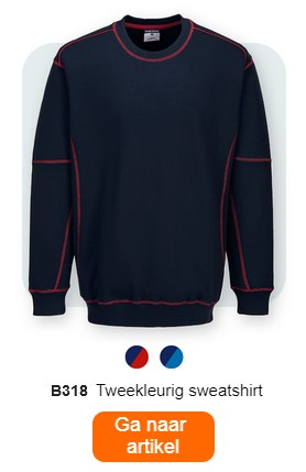 Een tweekleurig sweatshirt, ook wel "B318 tweekleurig sweatshirt" genoemd. Het sweatshirt is donkerblauw met rode stiksels. Hieronder staan ​​kleine gekleurde stippen in rood en blauw. Onderaan de afbeelding is een oranje knop geplaatst met een link naar de artikelpagina.