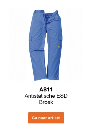 Afbeelding van de antistatische ESD-broek AS11 in blauw met een link die naar het artikel leidt.