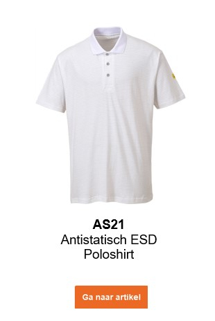 Afbeelding van het antistatische ESD-poloshirt AS21 in het wit met een link die naar het artikel leidt.