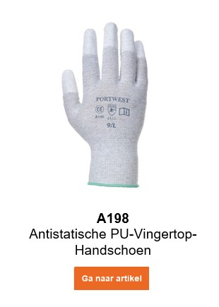 Afbeelding van de antistatische PU-vingertophandschoen A198 in grijs met een link naar het artikel.