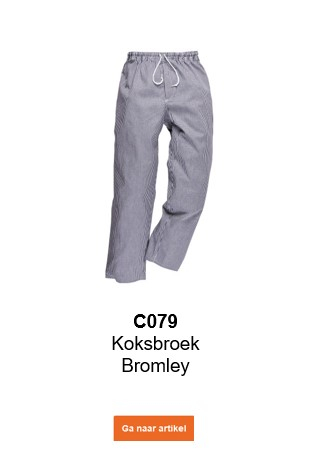 Afbeelding van de Bromley C079 koksbroek met blauw-wit ruitpatroon, met een link naar de artikelpagina.