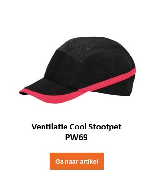 Een zwarte geventileerde stootpet met een rode streep, aangeduid met "Vented Bump Cap PW69". Onderaan de afbeelding is een oranje knop met de tekst "Ga naar artikel" geplaatst die naar de artikelpagina leidt.