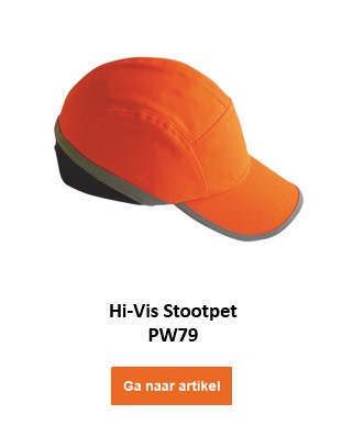 Een oranje hoge zichtbaarheidsstootpet met grijze accenten, met het opschrift "High zichtbaarheidsstootpet PW79". Onderaan de afbeelding is een oranje knop met de tekst "Ga naar artikel" geplaatst die naar de artikelpagina leidt.