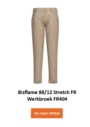 Vlamvertragende stretchbroek FR404 in beige met een link die naar de artikelpagina leidt.