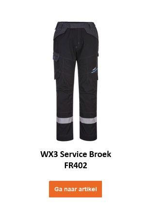 WX3 FR Servicebroek FR402 in zwart met een link die naar de artikelpagina leidt.