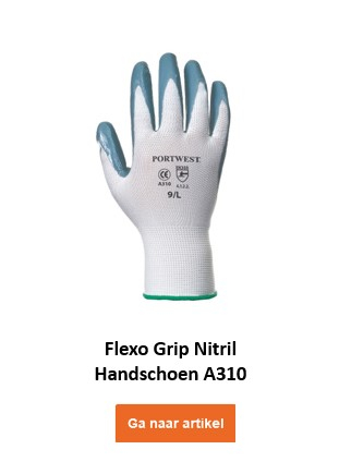 A310: Een witte werkhandschoen met een grijs gecoate handpalm en vingertoppen. Op de handschoen is het Portwest-logo gedrukt, evenals de maat- en certificeringsinformatie. Er is een link die naar de handschoen leidt.