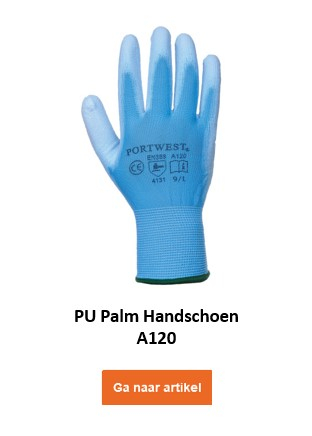 A120: Een blauwe werkhandschoen met een gebreide rug en gecoate handpalm. Op de handschoen is het Portwest-logo gedrukt, evenals de maat- en certificeringsinformatie. Er is een link die naar de handschoen leidt.