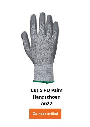 A622: Een grijze snijbestendige handschoen met een gebreide rug en gecoate handpalm. De handschoen biedt extra bescherming tegen snij- en schaafwonden. Er is een link die naar de handschoen leidt.