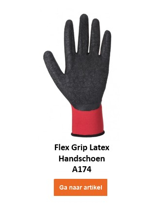 A174: Een zwarte werkhandschoen met een rood polsgedeelte. De handpalm en vingers zijn voorzien van een getextureerde coating die voor extra grip zorgt. Er is een link die naar de handschoen leidt.