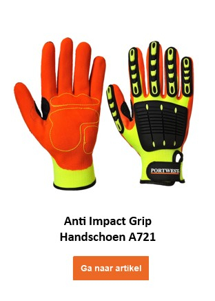 A721: Een oranje anti-impacthandschoen met gele en zwarte beschermkussens op de handrug en vingers. De handschoen biedt extra bescherming tegen stoten en stoten. Er is een link die naar de handschoen leidt.