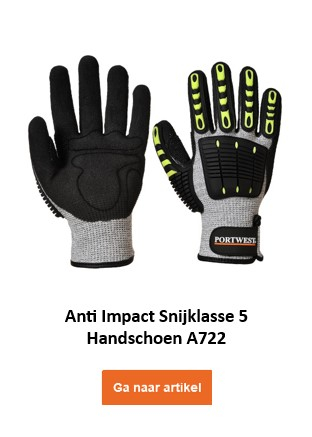 A722: Een grijze anti-impacthandschoen met zwarte en gele beschermende pads op de handrug en vingers. De handschoen biedt extra bescherming tegen stoten en stoten. Er is een link die naar de handschoen leidt.