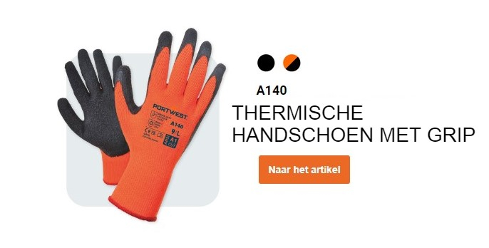 A140 Thermal Grip Glove - Latex in oranje en zwart met een knop die naar de artikelpagina leidt.