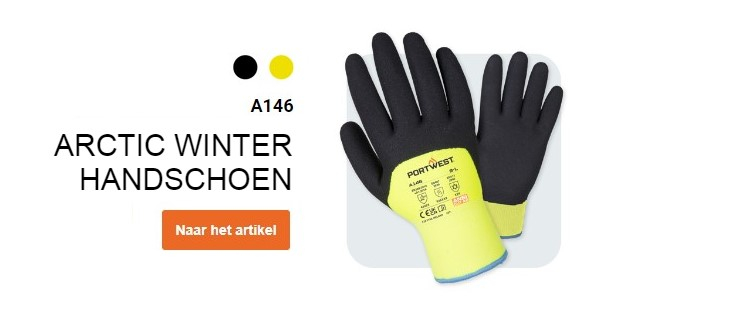 A146 Arctic Winterhandschoen in geel en zwart met een knop die naar de artikelpagina leidt.