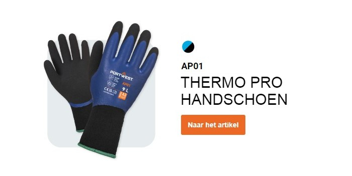 AP01 Thermo Pro Handschoen in zwart en blauw met een knop die naar de artikelpagina leidt.