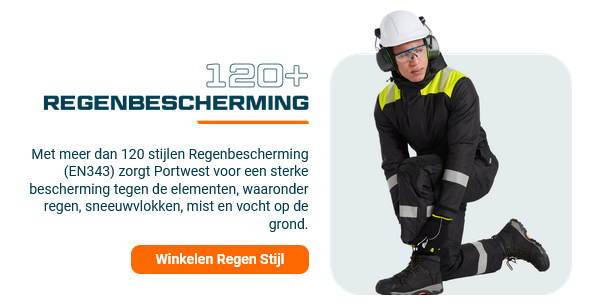 Afbeelding van een arbeider gekleed in donkerblauw en geel met een veiligheidshelm. Ernaast staat het kopje "120 plus regenbescherming" en een tekstvak met de volgende tekst: 120+ regenbeschermingsproducten: Met meer dan 120 regenbeschermingsproducten (EN343) zorgt Portwest voor een sterke bescherming tegen de elementen, inclusief regen, sneeuw, mist en bodemvocht. Een oranje knop leidt naar onze regenbeschermingsproducten.