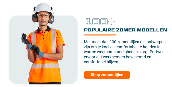 Afbeelding van een vrouw gekleed in oranje werkkleding met veiligheidshelm en handschoenen. Ernaast staat het kopje "100 plus populaire zomermodellen" en een tekstvak met de volgende tekst: 100+ zomermodellen: Portwest zorgt ervoor dat u bij warm weer koel en comfortabel kunt blijven met meer dan 100 zomermodellen. Een oranje knop leidt naar onze zomermodellen.