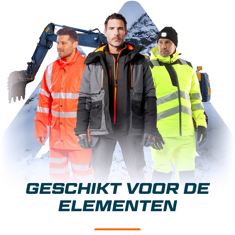 Drie mannen in verschillende werkkleding voor een driehoekig gedeelte van een besneeuwde berghelling. Onderaan staat in blauwe hoofdletters het kopje ‘Fit for the Elements’.