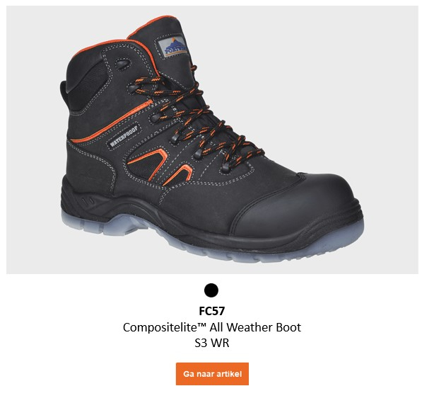 Afbeelding van de FC57 Portwest Compositelite All Weather Boot S3 WR in zwart met oranje details. Er wordt een link naar de artikelpagina gegeven.