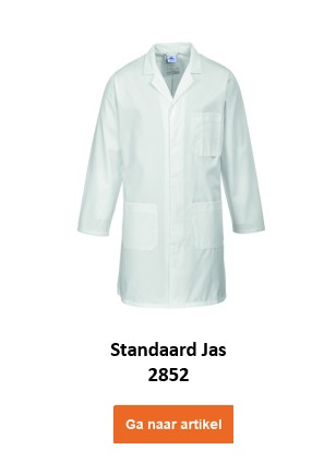 Een witte laboratoriumjas met het opschrift "Standard Professional Coat 2852". De kiel heeft diverse zakken en lange mouwen. Er is een link die naar het artikel leidt.