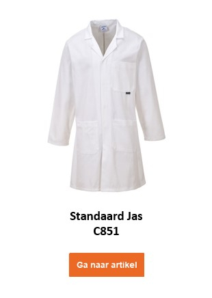 Een witte laboratoriumjas met het opschrift "Standard Coat C851". De kiel heeft diverse zakken en lange mouwen. Er is een link die naar het artikel leidt.