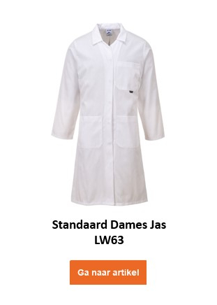 Een witte laboratoriumjas voor dames, ook wel "Standard Women's Coat LW63" genoemd. De kiel heeft diverse zakken en lange mouwen. Er is een link die naar het artikel leidt.