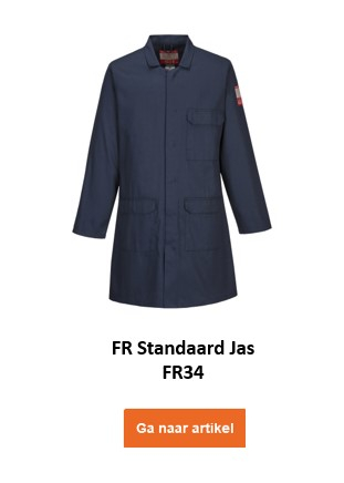 Een donkerblauwe laboratoriumjas met het opschrift "FR Standard Coat FR34". De kiel heeft diverse zakken en lange mouwen. Er is een link die naar het artikel leidt.