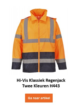 Klassiek contrasterend regenjack met hoge zichtbaarheid H443 in oranje met reflecterende strepen. De gegeven link leidt naar de artikelpagina.