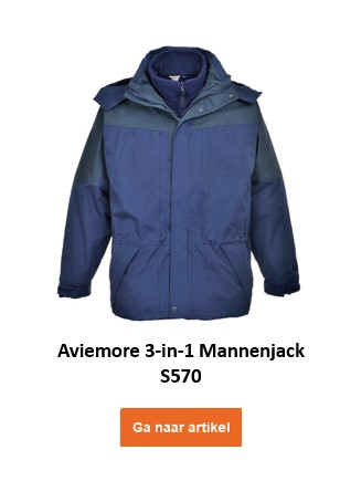 Waterdichte 3-in-1 herenjas Aviemore S570, in donkerblauw met afneembare capuchon en uitneembare voering. Er wordt een link naar het artikel gegeven.