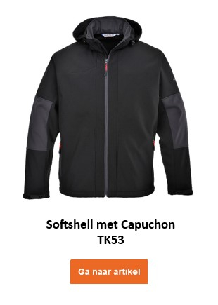 Waterdichte softshell jas TK53 met capuchon in zwart met een link naar het artikel.