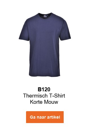 Afbeelding van het thermoshirt met korte mouwen B120 in blauw met informatieve tekst en een link naar het artikel.